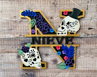 Skulls floral candy personalised wooden wall art - hand painted any colours of your choice- 2 sizes  door sign