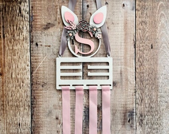 Personalised bunny ear floral wooden bow or medal holder with name or initial - hand painted in any colours