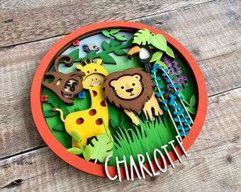 Personalised jungle wild animals safari round layered 3D plaque sign - custom hand made to order in 2 sizes - hand painted in any colours