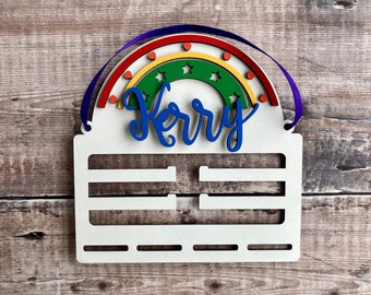 Personalised rainbow themed wooden bow or medal holder - hand painted any colours to order