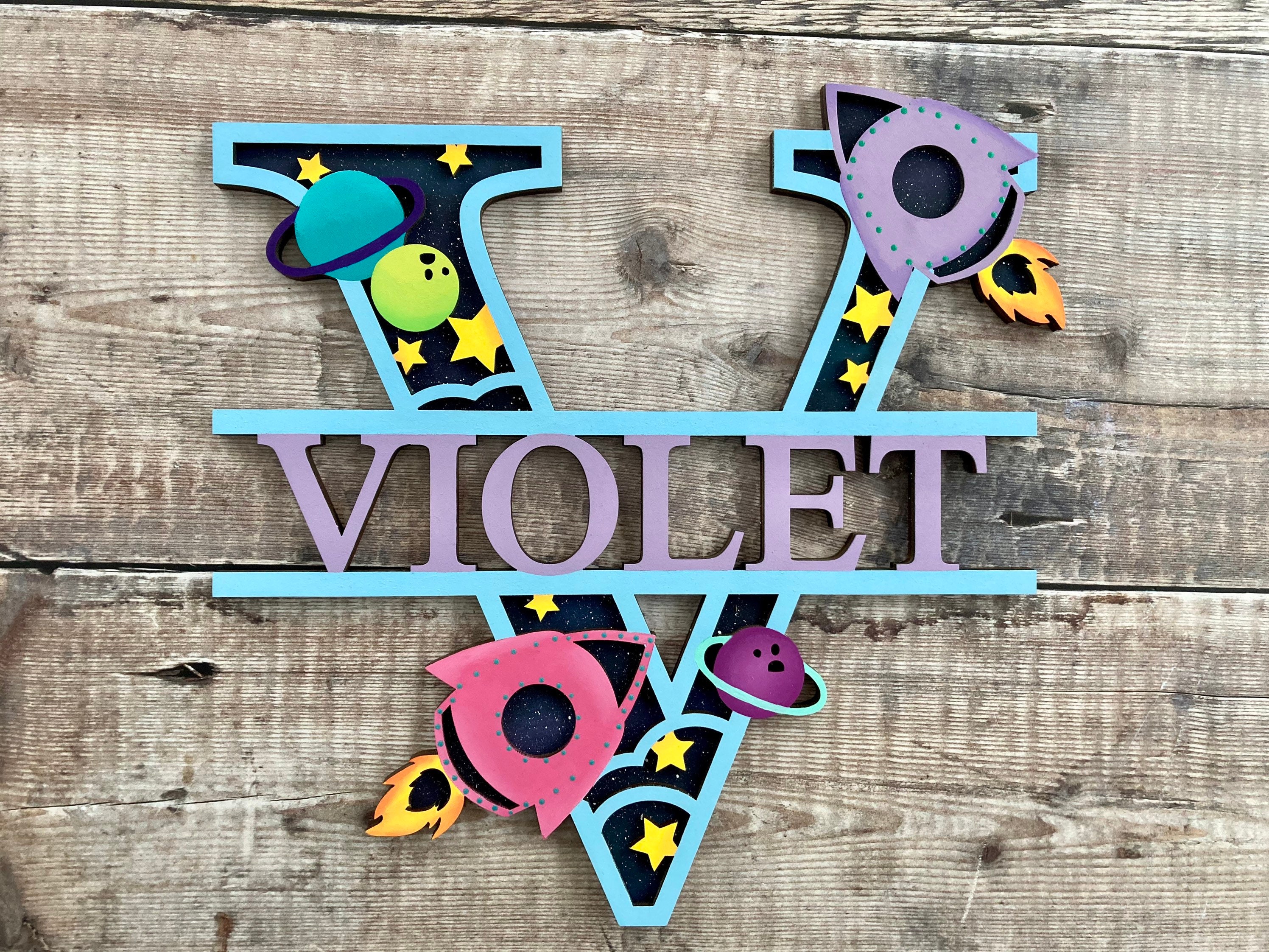 Personalised wooden space rocket wall art letter & name sign Etsy