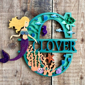 Letra de madera de sirena personalizada / Decoración infantil submarina / Arte mural infantil personalizado