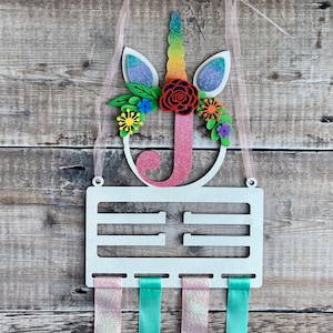 Personalised floral unicorn wooden bow or medal holder with name or initial - hand painted in any colours