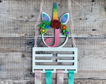 Personalised floral unicorn wooden bow or medal holder with name or initial - hand painted in any colours