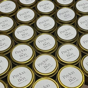 Personalized Soy Wax Candle Favors: Gold Tin, Wedding Candle Favors ...