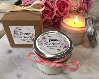 Candle Wedding Favors | Pink flower gold geo frame labels | Baby Shower Favors| Bridal Shower Candle Favors| Candle Favors| Wedding Favors