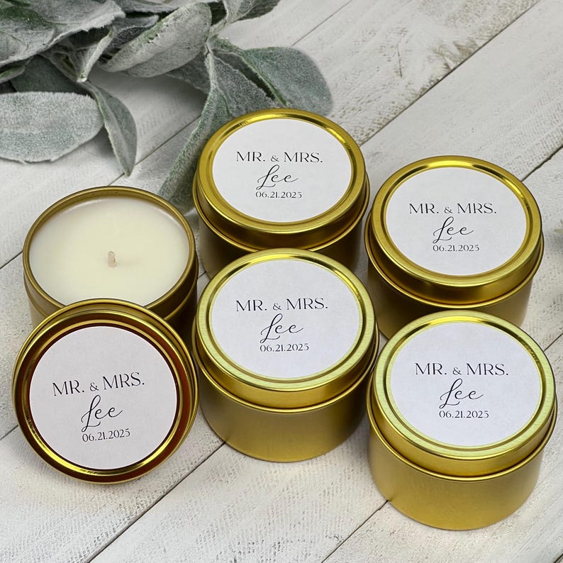 Personalized Soy Wax Candle Favors: Gold Tin, Wedding, Baby Shower ...