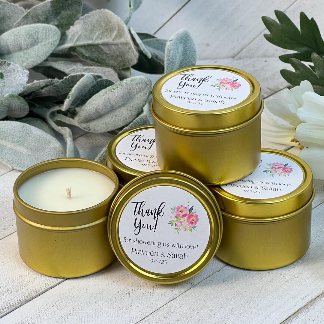 Personalized Soy Candle Favors: Gold Tin, Floral Custom Label, Baby in ...