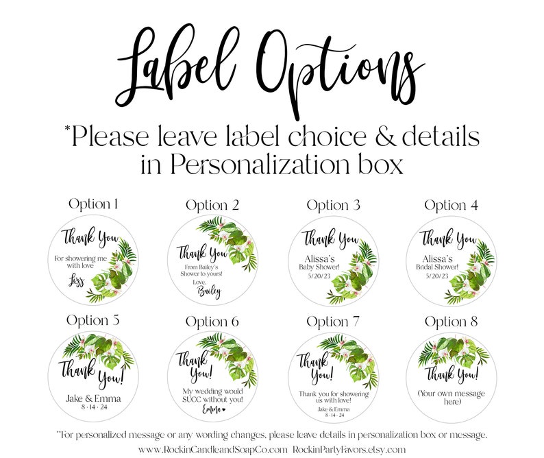 May include: A set of eight circular sticker labels featuring a tropical leaf and white flower design. Each label displays the text Thank You and customizable names or dates. The header reads Label Options and includes instructions to leave details in the personalization box.