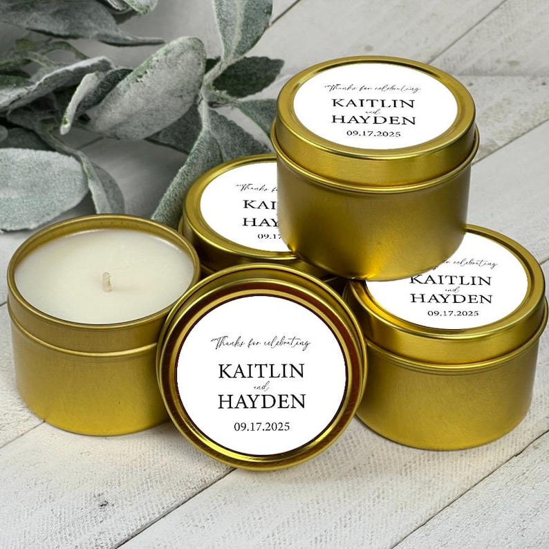 Personalized Soy Wax Candle Wedding Favors: Gold Tin, Bridal Shower ...