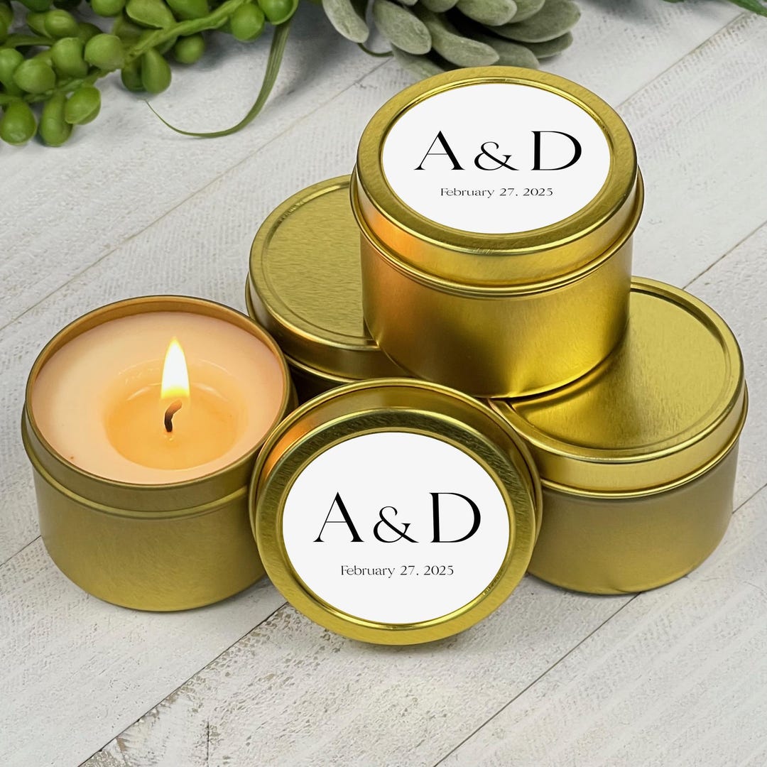 Personalized Soy Wax Candle Favors: Gold Tin, Wedding Candle Favors ...