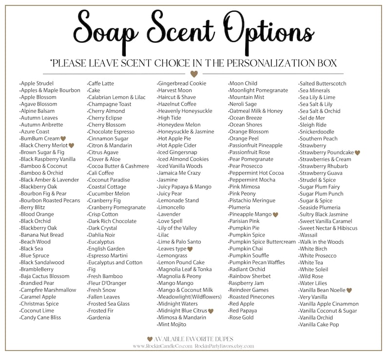 May include: A square informational graphic titled Soap Scent Options, featuring a comprehensive list of fragrance names arranged in five columns. The text instructs customers to leave their scent choice in the personalization box.