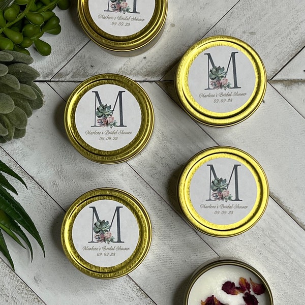 Candle Wedding Favors, Candle Favors for Bridal Shower Favors, Personalized Baby Shower Favors, BULK Candles, Gold Candle Tin, with flowers