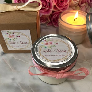 Candle Wedding Favors | Pink flower gold geo frame labels | Baby Shower Favors| Bridal Shower Candle Favors| Candle Favors| Wedding Favors