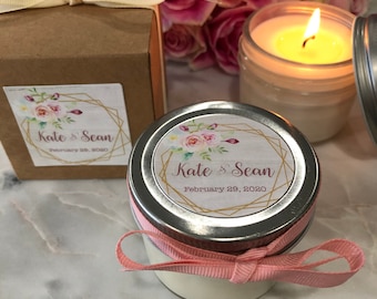 Candle Wedding Favors | Pink flower gold geo frame labels | Baby Shower Favors| Bridal Shower Candle Favors| Candle Favors| Wedding Favors