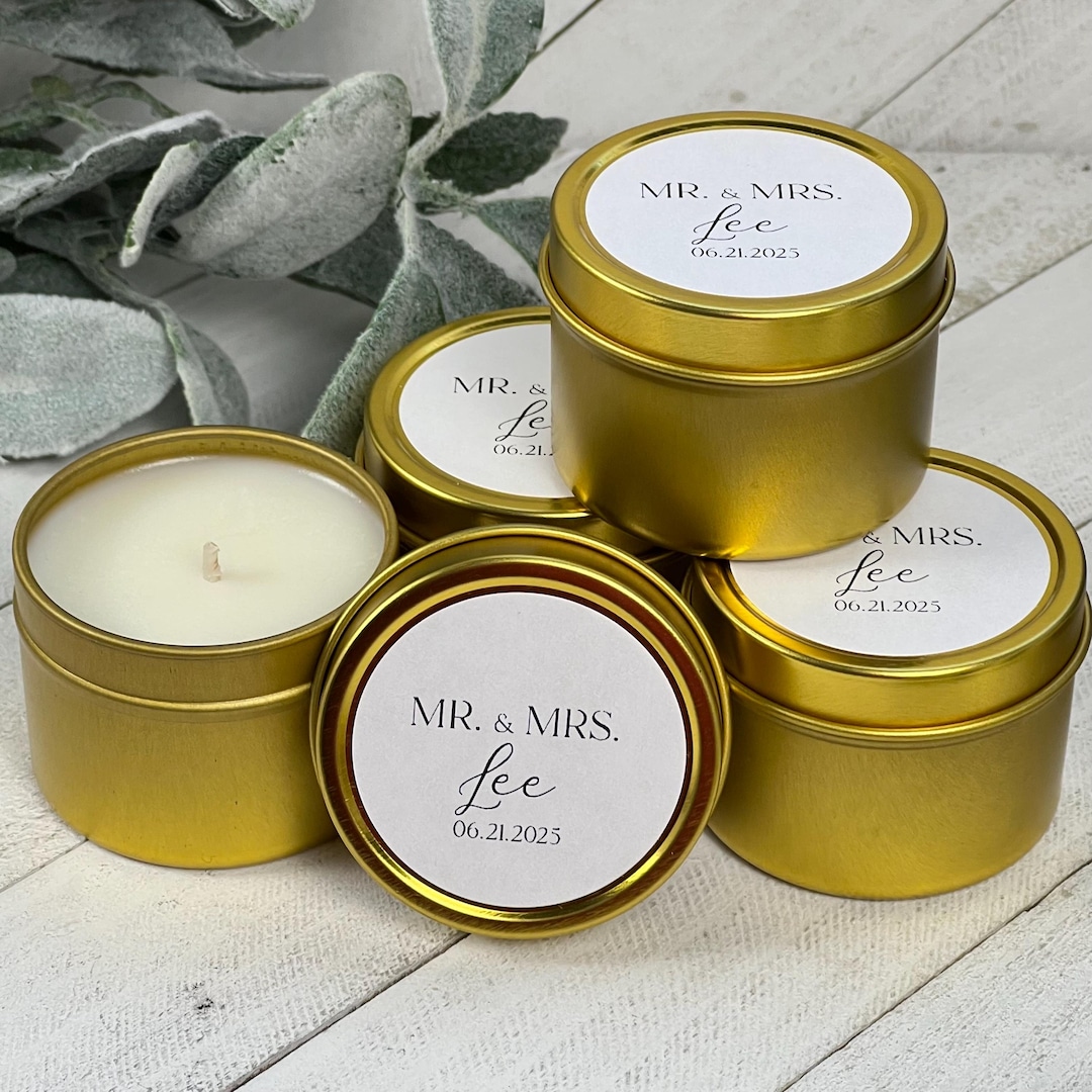 Personalized Soy Wax Candle Favors: Gold Tin, Wedding, Baby Shower ...