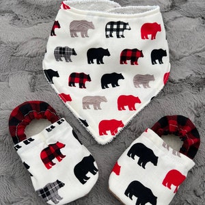 Red and Black Buffalo Plaid Bears Soft Soled Baby Booties and Bandana Bib Set