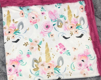 Watercolor Floral Unicorn Double Minky Blanket