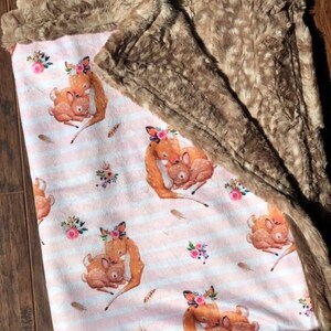 Floral Deer and Fawn Backing Double Minky Blanket