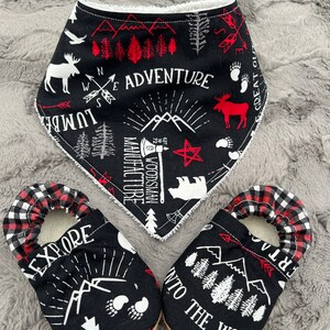 Red and Black Buffalo Plaid Lumberjack Soft Soled Baby Booties and Bandana Bib Set