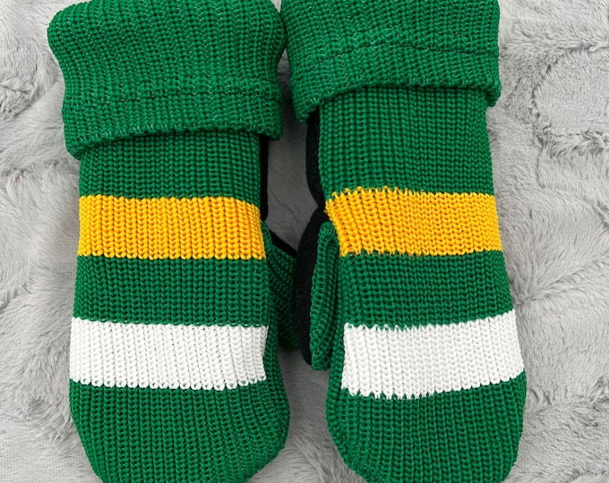 Green, Gold and White Hockey Sock Fleece Lined Adult Mittens