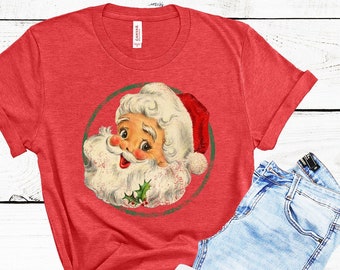 Vintage Santa Claus Christmas Shirt Family Christmas Vintage Christmas T-Shirt for Women, Red Cute Vintage Santa Shirt Baby Christmas