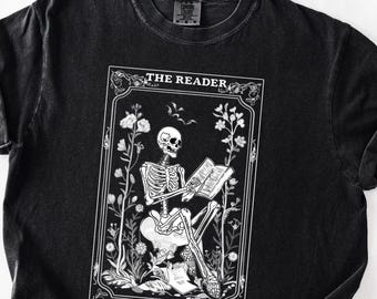 The Reader Tarot Card Shirt, Comfort Colors, Skeleton Reading Shirt Unisex Tarot Card Shirt, Book Lover Gift, Bookish Gift,Tarot Lover Gift