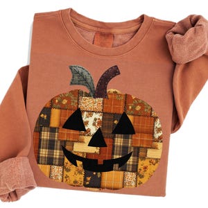 May include: Rust-colored sweatshirt featuring a patchwork pumpkin design. The pumpkin has a black face and is made of various patterned fabrics in orange, yellow, and brown. The sleeves are cuffed, and the overall style is casual and autumnal.