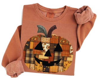 Kürbis Patchwork Sweatshirt Kürbis Quilt Halloween Sweatshirt Retro Gruselsaison Outfit (PRINTED)