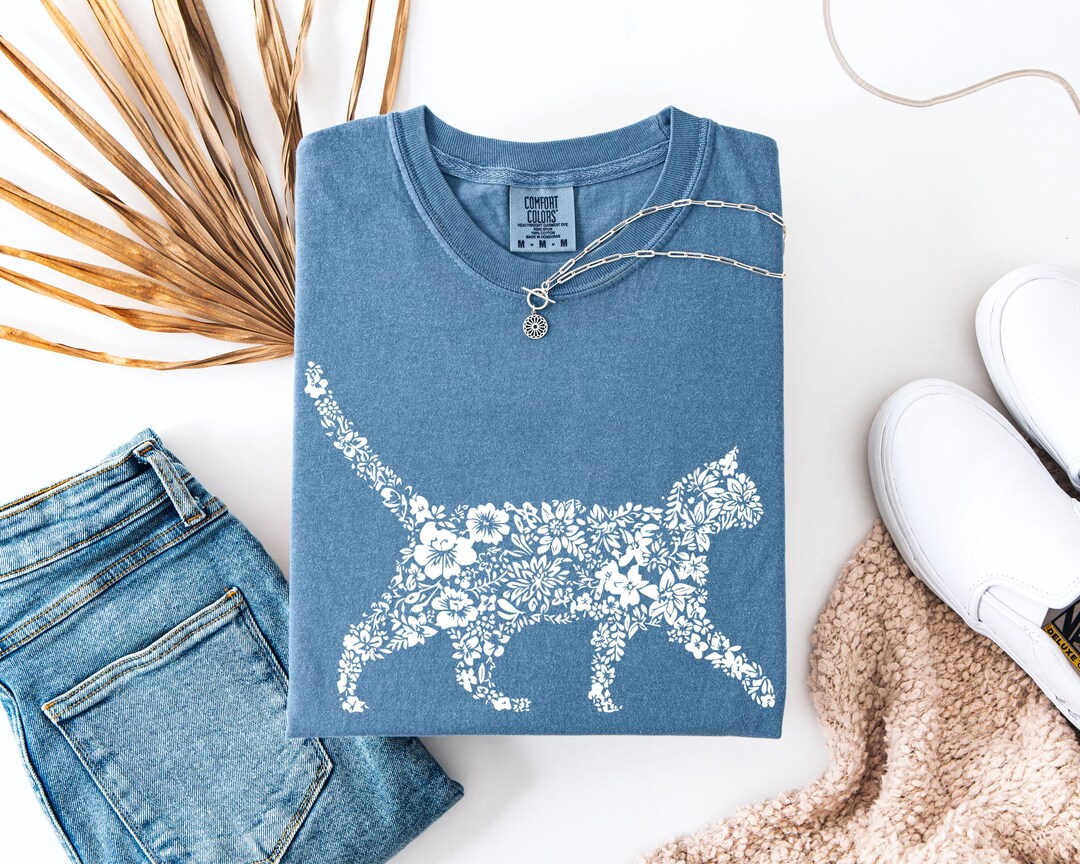 Cat Floral Shirt Boho Cats Plants T-shirt, Cute Kitten Flower for Women ...
