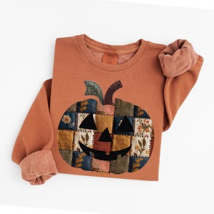Peut inclure: Sweat-shirt de couleur rouille avec un motif de citrouille en patchwork. La citrouille a un aspect cousu avec divers carr&eacute;s de tissu dans les tons orange, jaune, bleu et vert. Les manches sont retrouss&eacute;es, r&eacute;v&eacute;lant un tissu plus clair et textur&eacute;.