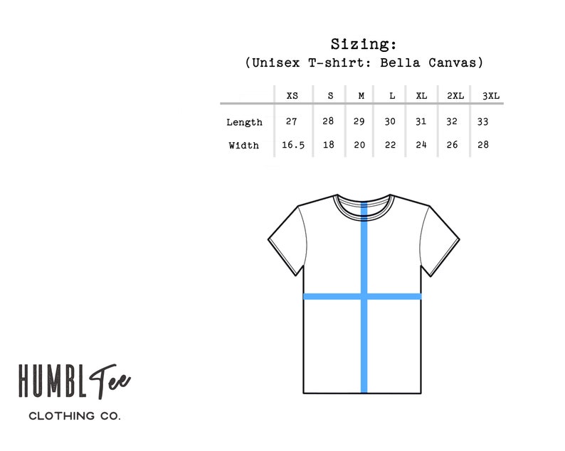 以下が含まれることがあります： 白のユニセックスTシャツとサイズ表。XSから3XLまでのサイズの測定値を示し、長さは68.6〜83.8cm、幅は41.9〜71.1cmです。「HUMBL Tee CLOTHING CO.」のブランドロゴが下にあります。