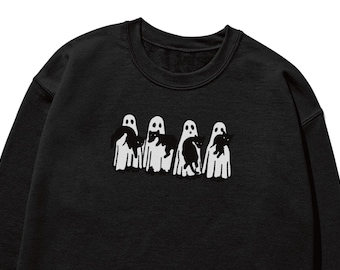 Gesticktes süßes Geist-Sweatshirt, gesticktes Geist-Halloween-Sweatshirt, süßer Halloween-Pullover, schwarze Katze Geist, gruselige Saison Frauen