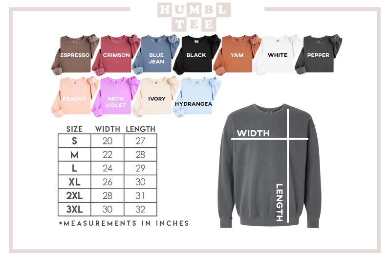 Peut inclure: Un sweat-shirt gris avec un tableau des tailles et des options de couleurs. Le tableau indique les mesures en pouces, les tailles allant de S &agrave; 3XL. Les options de couleurs incluent Espresso, Crimson, Blue Jean, Black, Yam, White, Pepper, Peachy, Neon Violet, et Hydrangea.