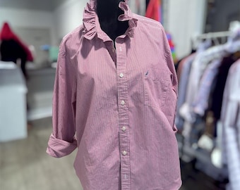 Upcycled Ruffle Collar Button Down, Red and White Stripe, Nautica XL