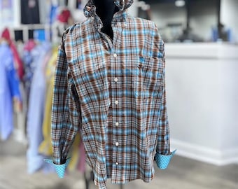 Upcycled Ruffle Collar Button Down Shirt, Turquoise Brown Plaid, Men's L