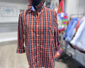 Upcycled Ruffle Collar Button Down, Red and Navy Plaid Chaps Men's M