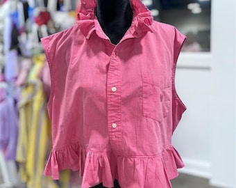 Upcycled Ruffle Collar Button Down, Raspberry Colored  Ruffled Collar Sleeveless Shirt, Upcycled Dress Shirt