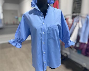 Upcycled Ruffle Collar Button Down, Blue Dress Shirt, M