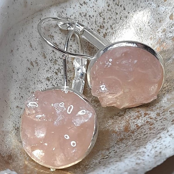 Earrings pendant handmade pink cabochons with rose quartz