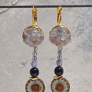 2 in 1 earrings quartz stones earrings pendant gold colored with blue glass beads