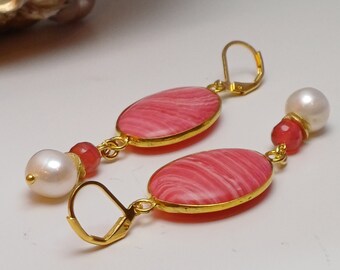 Rhodonite pendant earrings with white pearls with agate gemstones long earrings