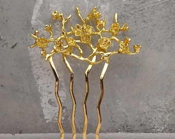 Set of 3 flower hair combs, gold-colored hair clips, flower branch, updo hairstyles, wedding jewelry, bridal jewelry, hair clips, bridal accessories