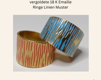 18 K Vergoldeter Ring mit Emaille corallrotes / meerblau Linien Muster