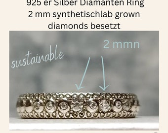 Bague en argent 925 à pois avec pierres de 2 mm, diamants synthétiques Lab Grown Diamond 0,05 ct. Anneau d'empilage de pierres /D/VVS