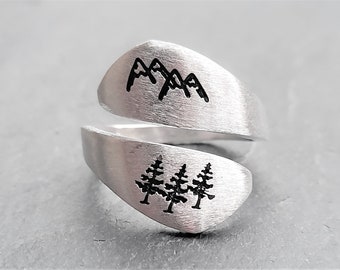 Silverfilled 925-er mit Tannen und Berg Motiv verstellbar adjustable Ring handmade #0007