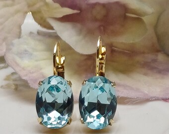 Earrings pendant crystal glass Swarovski® stones topaz blue gold plated bridal jewelry Bridal Accessories glamour earrings leverbacks