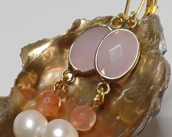 Earrings with pink glass quartz and pearls with agate pearl on hinged clasps