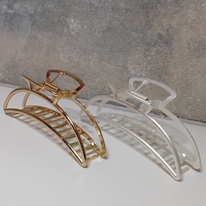 May include: Two hair clips, one gold and one silver, in a half-circle shape with a spring-loaded clasp.