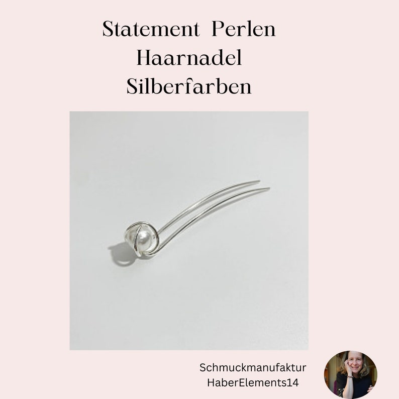 Puede incluir: Horquilla de pelo plateada con una sola perla blanca. La perla est&aacute; rodeada de un alambre plateado. La horquilla se llama "Statement Perlen Haar Nadel Silberfarben".